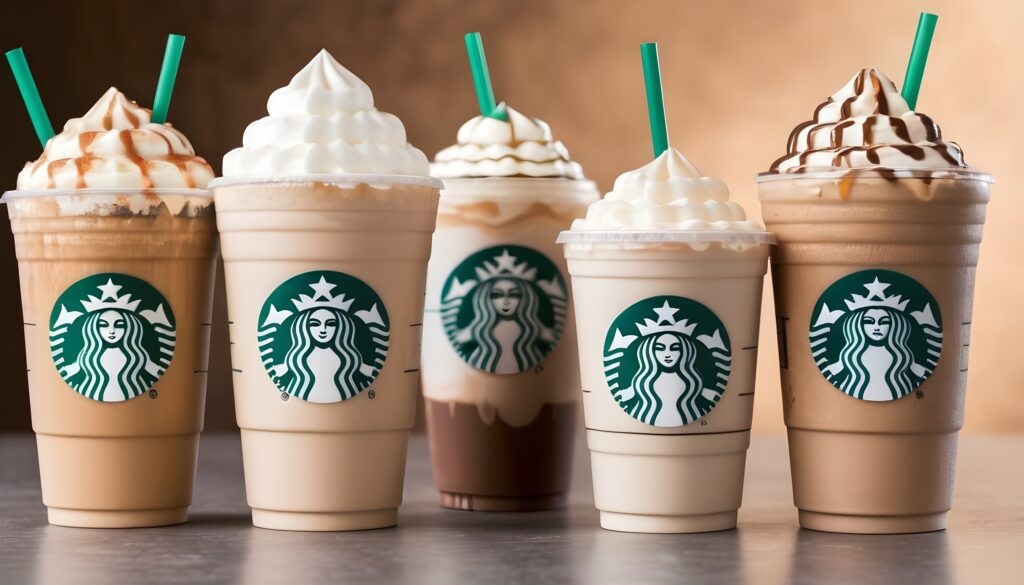 Five creamy Starbucks Frappuccinos topped with whipped cream, caramel, and chocolate drizzle