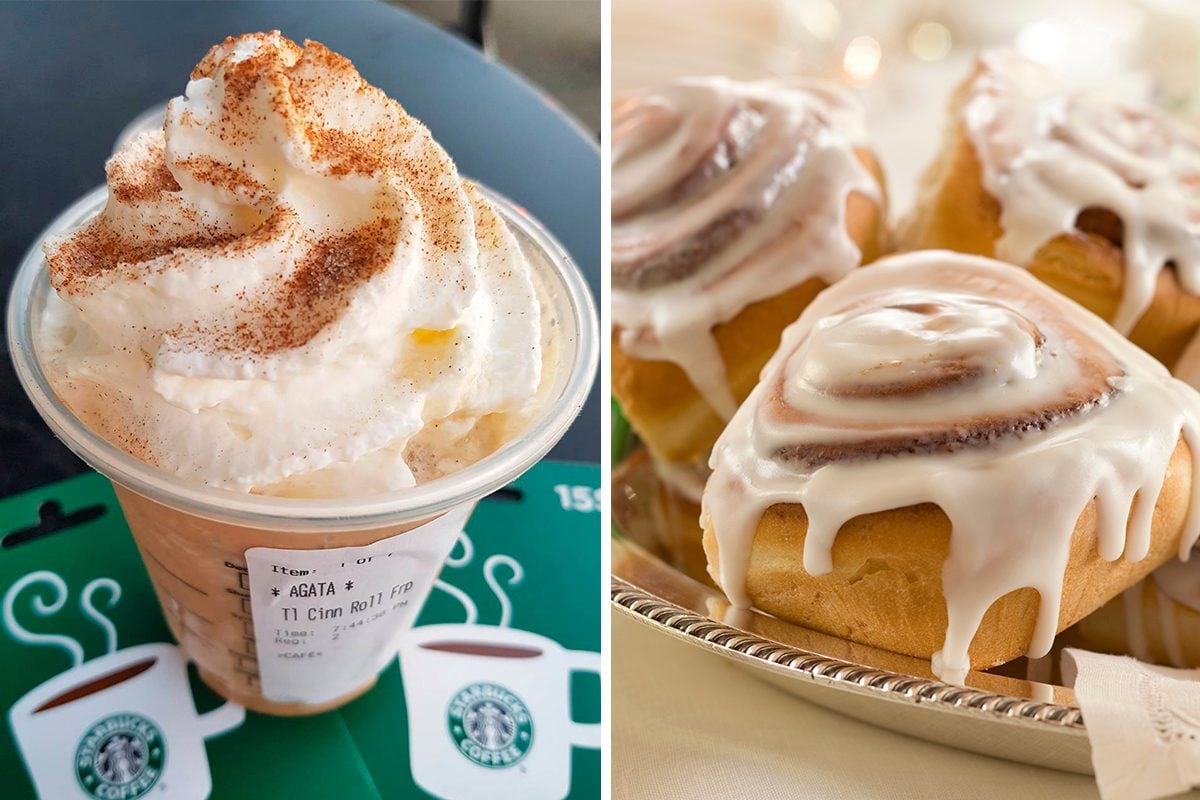 A Starbucks Cinnamon Roll Frappuccino with whipped cream beside iced cinnamon rolls.